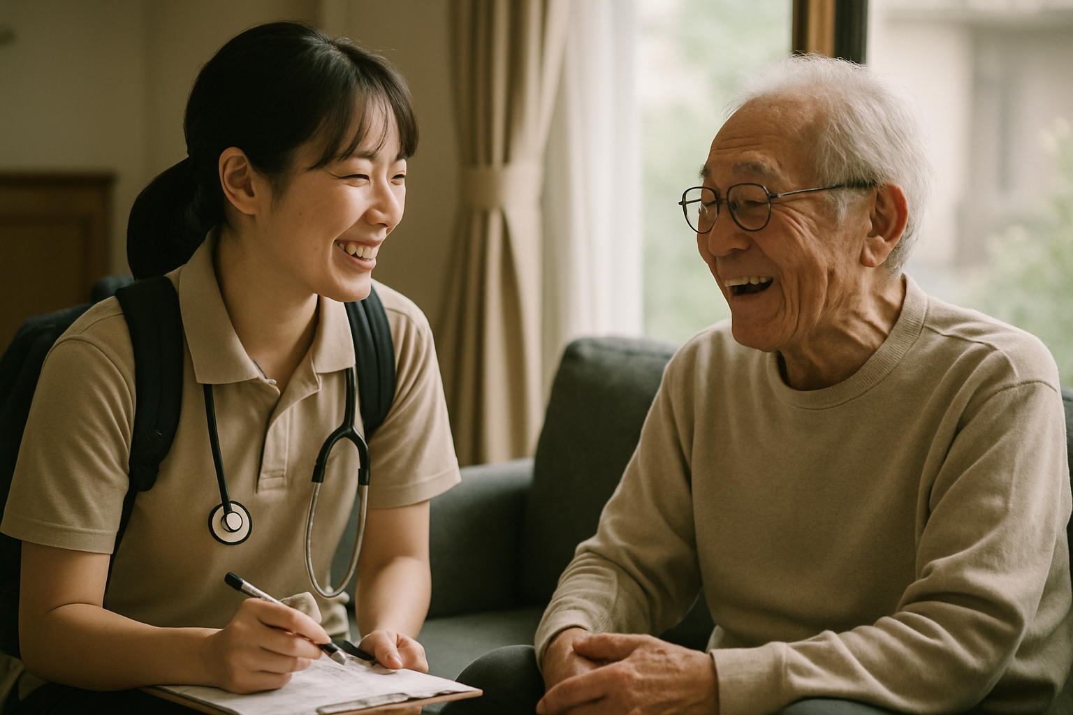 訪問看護師が利用者宅の居間で高齢の男性と笑顔で会話している様子